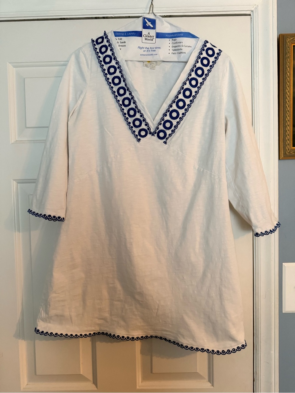 Boden White Tunic with Navy Circle Trim